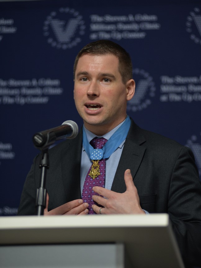 Medal of Honor recipient and Cohen Clinic Ambassador, Kyle White speaking at the Grand Opening