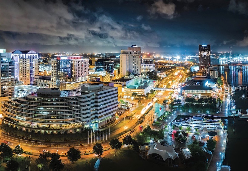 Downtown Norfolk skyline at night