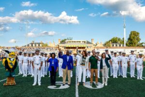 Dr. Katherine Rowe, President, William & Mary with cadets